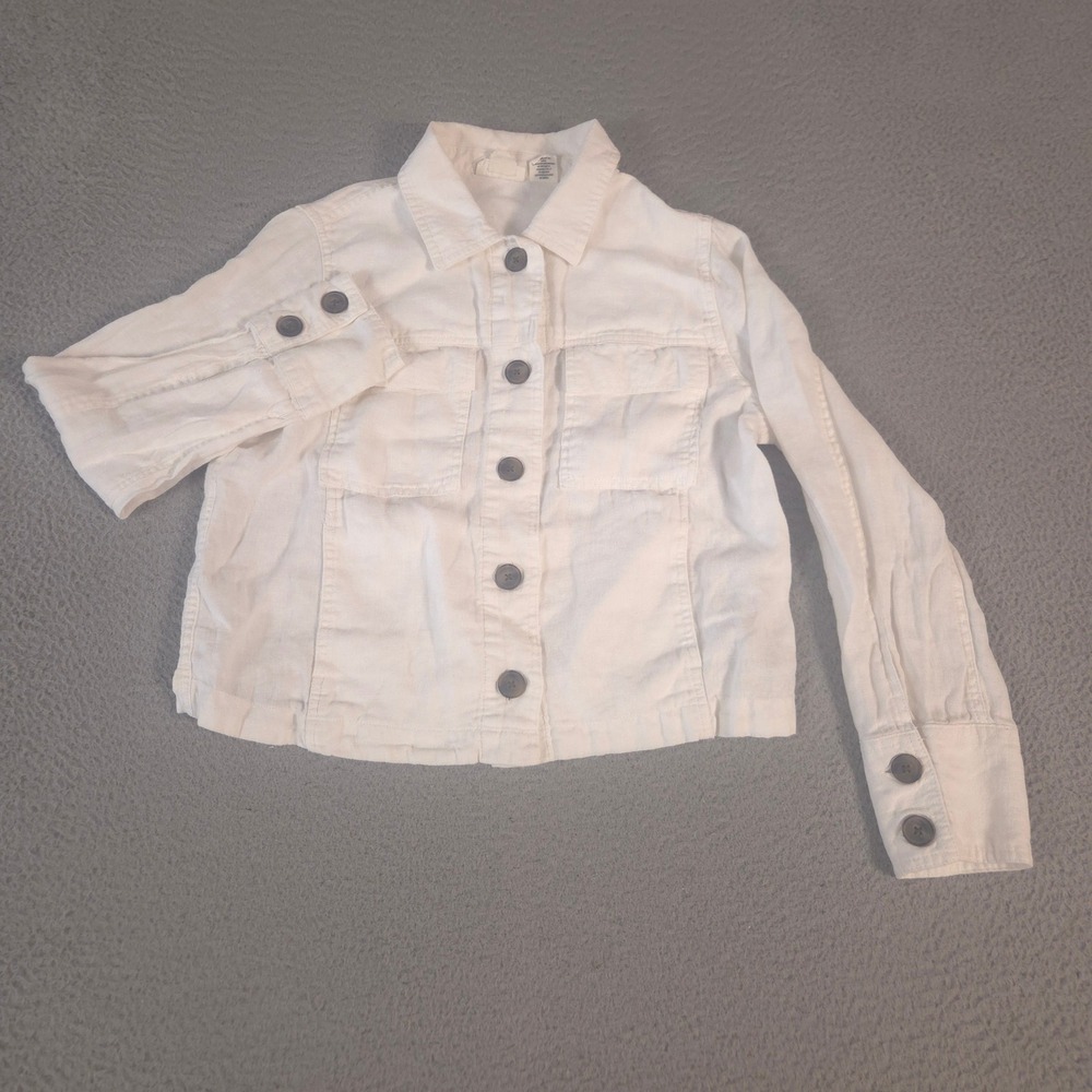 Nicole Miller Jacket Womens M White 100% Linen Button Up Chest Pockets Utility